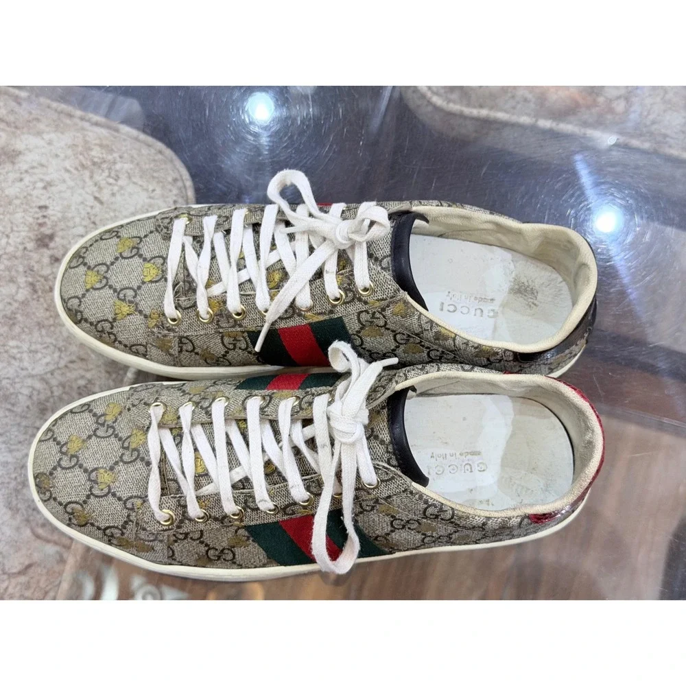 Gucci Ace GG Supreme Bee Sneakers Beige Ebony Monogram Size 41 Low Top Mens